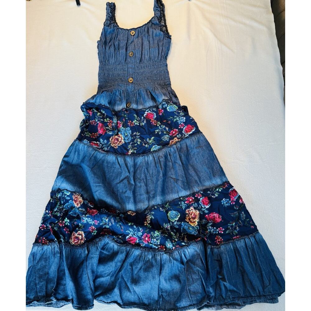 Lapis Anthropologie Women Sz S Western Cowgirl Chambray Denim Maxi Dress Smocked - Picture 2 of 9